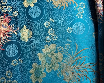 Blue/Pink Floral Brocade Fabric: Chinese Jacquard Costume Sewing (24in Wide Remnant