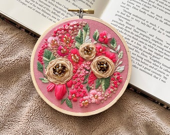 Pink Floral Embroidery | Embroidery Wall Art | Wall Decor
