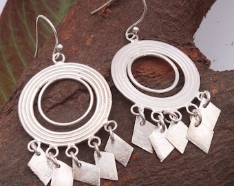 Handmade Sterling Silver Dangle Earrings, Circle Drop Earrings