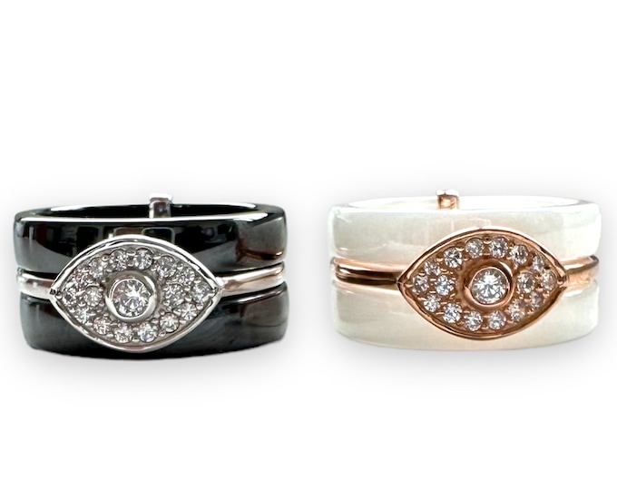 Triple band ring in silver, ceramic and white zircons