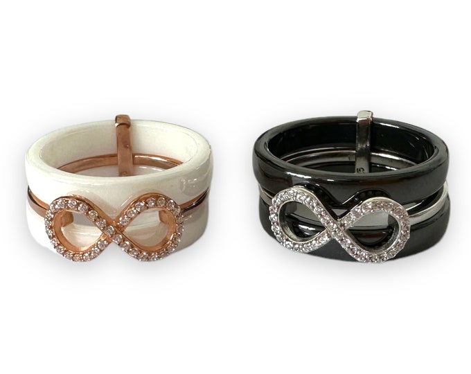 Triple band ring in silver, ceramic and white zircons