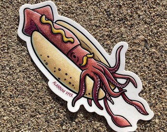 Hotdog Squid Sticker | Cute Funny Cartoon Animal Silly stickers | 3" Water Bottle | Laptop |  College | Teen | Kids| Hunting| SeaFood
