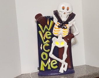 Skeleton Welcome Sign with Lights, Double-Sided Halloween Decor