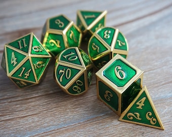 Złoto z Zielenią - Kostki RPG Kostki-Zestaw Kostek Wielościennych- K4 K6 K8 K10 D% K12 K20 do Dungeons and Dragons-Zestaw Kostek D&D-Kostki DND Metal