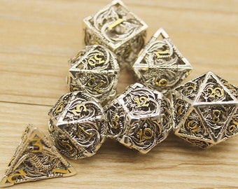 Dungeons and Dragons Polyhedral dice| Metal D&D Dice Set | Call of Cthulhu D20 D12 D10 D8 D6 D4 Hollow DND Dice | Silver Mind Flayer Dice |