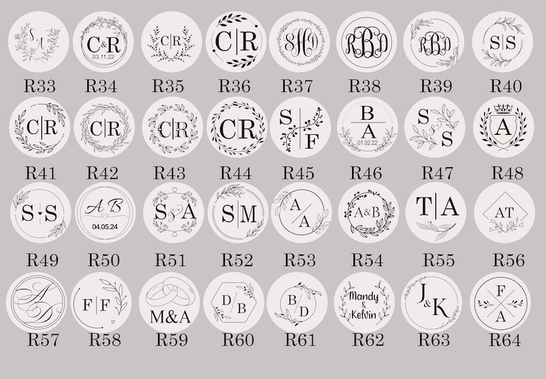 May include: A set of 64 round wax seal stamps with various designs, including initials, hearts, and floral motifs. The stamps are arranged in rows with a number below each stamp.