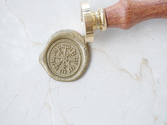 Kooer Custom Viking Rune Vegvisir Wax Seal Stamp Set - Gold Plated Brass With Wooden Handle
