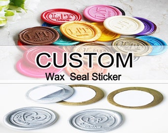 May include: Assortment of custom wax seal stickers in various colors and designs, including gold, silver, pink, purple, and blue. The stickers feature the word "LIT" and a heart design. The text "CUSTOM Wax Seal Sticker" is displayed below the stickers.