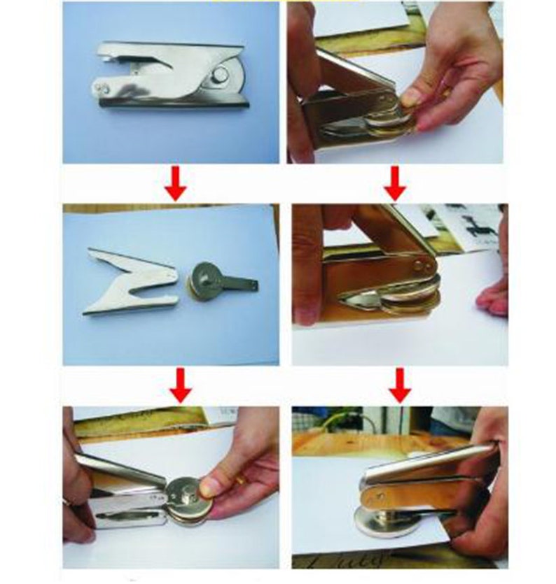 May include: A silver metal stamp with a handle and a circular die. The stamp is shown in four steps: closed, open, being pressed down on paper, and closed again.