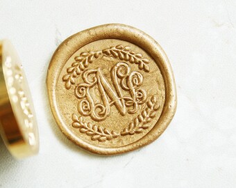 Laurel Wreath Sealing Wax Stamp Kit, Triple initials  Wax Stamp Custom Initial Date Wedding Invitation Wax Seal Kit L102