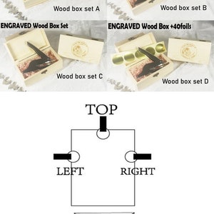 May include: Four wooden boxes with a black wax seal stamp inside. The boxes are labeled "Wood box set A", "Wood box set B", "Wood box set C", and "Wood box set D". The top two boxes are labeled "Blank Wood Box Set" and "Blank Wood Box +40foils". The bottom two boxes are labeled "ENGRAVED Wood Box Set" and "ENGRAVED Wood Box +40foils". A diagram shows the different positions of the boxes: top, left, right, and bottom.