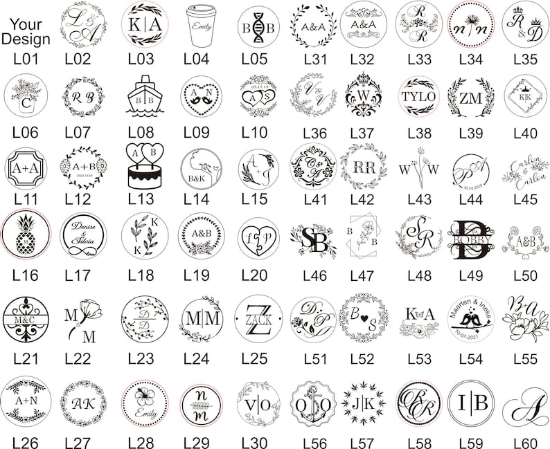 Puede incluir: Una hoja de 60 sellos de cera redondos en blanco y negro con varios dise&ntilde;os. Los dise&ntilde;os incluyen iniciales, corazones, flores, animales y otros s&iacute;mbolos. Cada sello est&aacute; etiquetado con una letra y un n&uacute;mero, como L01, L02, L03, etc.