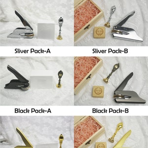 May include: Four sets of wax seal stamps and sealing wax sticks. Each set includes a silver, black, or gold stamp with a wooden handle and a matching sealing wax stick. The stamps are displayed in a wooden box with pink tissue paper. The sets are labeled "Sliver Pack-A", "Sliver Pack-B", "Black Pack-A", "Black Pack-B", "Gold Pack-A", and "Gold Pack-B".