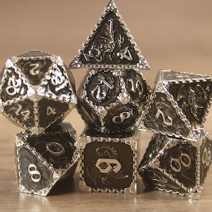 Black Enamel-D&D Dice Set-Polyhedral Dice Set-RPG Dice Set Dice-DnD dice-dungeons and dragons dice-Set of Solid Metal Dice-Shiny Silver