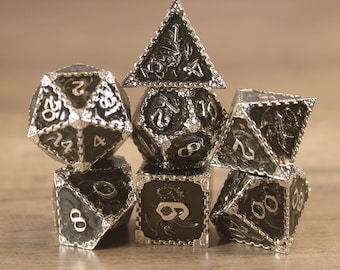 Black Enamel-D&D Dice Set-Polyhedral Dice Set-RPG Dice Set Dice-DnD dice-dungeons and dragons dice-Set of Solid Metal Dice-Shiny Silver