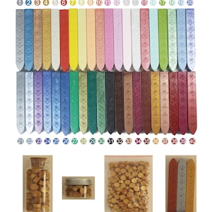 Puede incluir: Un conjunto de 40 barras de cera de diferentes colores, numeradas del 1 al 40. Las barras est&aacute;n dispuestas en dos filas de 20. Tambi&eacute;n hay tres peque&ntilde;os recipientes de cuentas de cera, uno en un frasco de vidrio y dos en bolsas de pl&aacute;stico. El texto "Wax Color Number" y "All Same Color Number" est&aacute; impreso en la imagen.