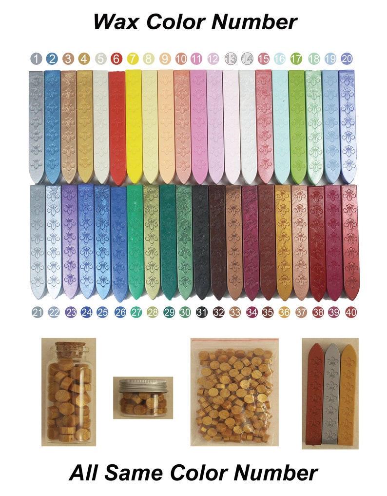 Puede incluir: Un conjunto de 40 barras de cera de diferentes colores, numeradas del 1 al 40. Las barras est&aacute;n dispuestas en dos filas de 20. Tambi&eacute;n hay tres peque&ntilde;os recipientes de cuentas de cera, uno en un frasco de vidrio y dos en bolsas de pl&aacute;stico. El texto "Wax Color Number" y "All Same Color Number" est&aacute; impreso en la imagen.