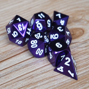 Dungeons and Dragons-RPG dice-dnd dice-Shiny Purple with White Number Solid Metal Dice-D&D dice set-Metal Polyhedral Dice Set