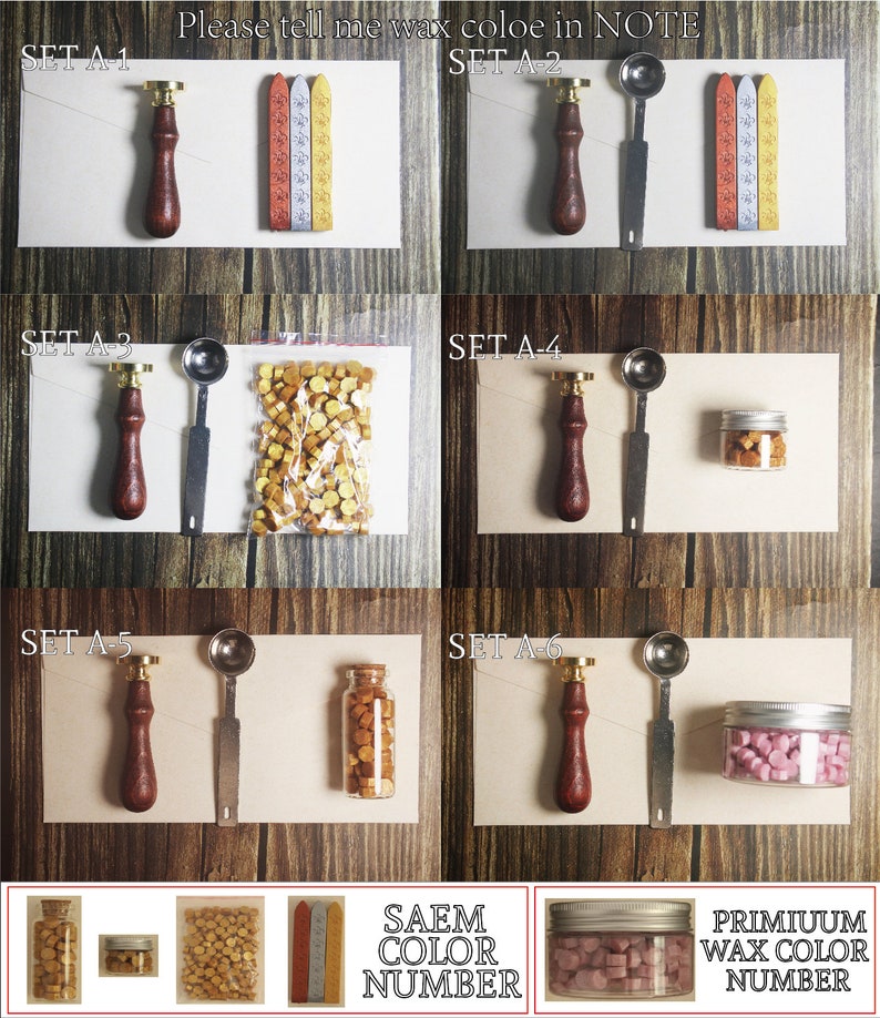 Puede incluir: Seis juegos de sellos de cera con ceras de diferentes colores. Cada juego incluye un sello con mango de madera, una cuchara de metal y un frasco o bolsa de cera. Los colores de la cera son dorado, rojo, plateado, transparente y rosa. La imagen tambi&eacute;n incluye una nota que dice "Por favor, dime el color de la cera en la nota".