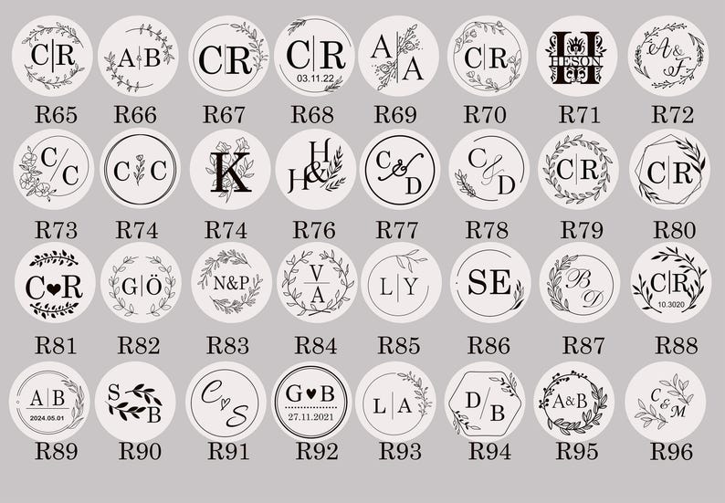 May include: A set of 96 round wax seal stamps with various designs and initials. The stamps are arranged in a grid pattern with a white background. Each stamp has a different design, including initials, flowers, hearts, and other decorative elements. The stamps are made of metal and have a wooden handle.
