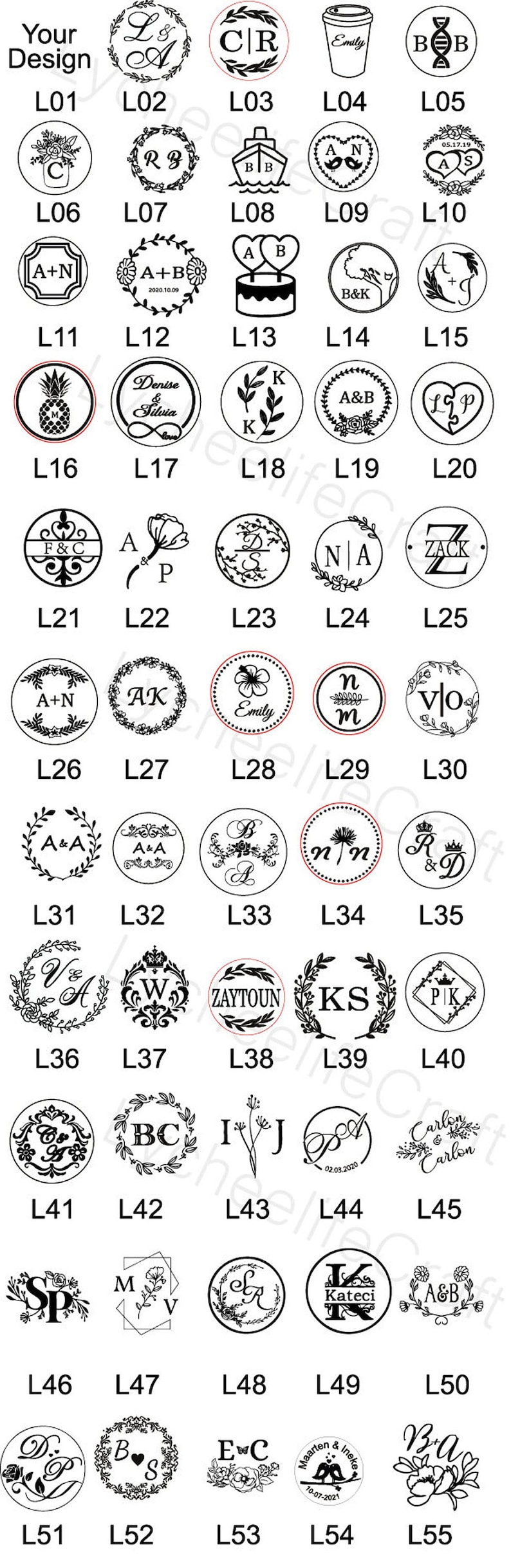 May include: A grid of 55 black and white images of different wax seal designs. Each design is a circle with a unique graphic, text, or combination of both. The designs include initials, names, dates, flowers, animals, and other decorative elements.