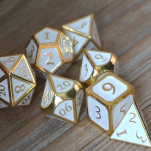dice-dnd dice set-Polyhedral Dice Set-Shiny Gold with White , Dice-dungeons and dragons dice-dnd dice-metal dice-d&d