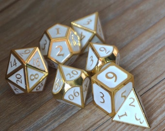 dice-dnd dice set-Polyhedral Dice Set-Shiny Gold with White , Dice-dungeons and dragons dice-dnd dice-metal dice-d&d