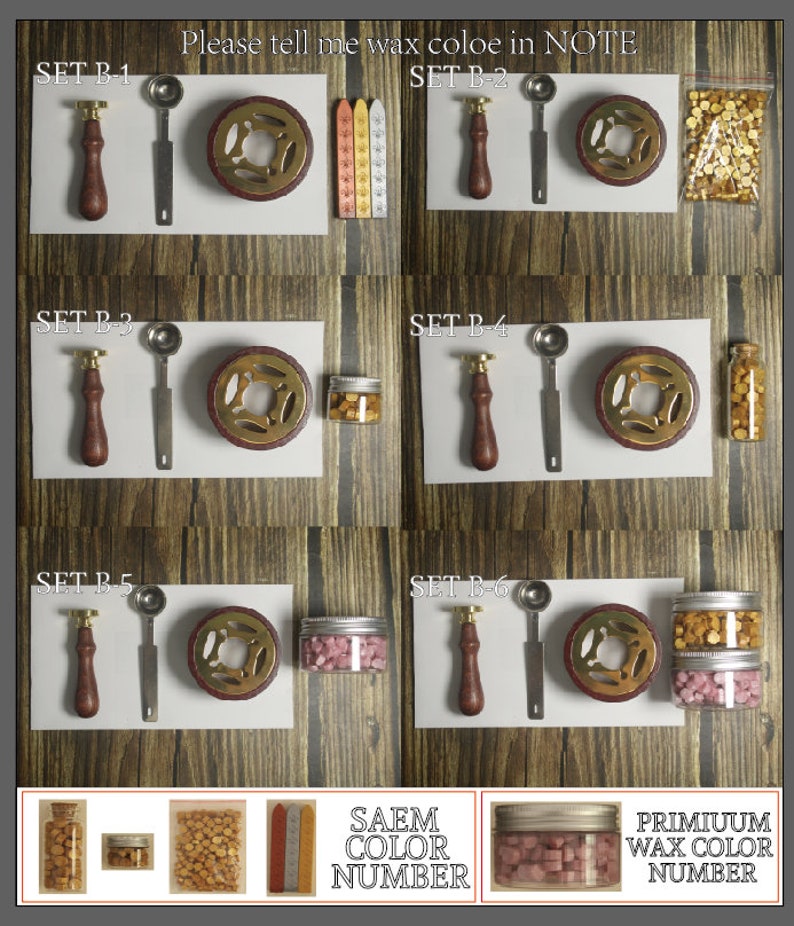Puede incluir: Seis juegos de kits de sellos de cera, cada juego incluye un sello con mango de madera, una cuchara de metal, un anillo de sello de metal y un frasco de cuentas de cera. Las cuentas de cera son de diferentes colores, incluyendo oro, rojo y rosa. La imagen tambi&eacute;n muestra una tabla de colores con el texto "SAEM COLOR NUMBER" y "PRIMIUUM WAX COLOR NUMBER".