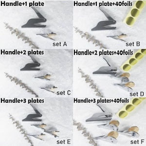 May include: Six sets of a metal stamp with a handle and plates. Each set includes a handle, plates, and optional foils. The sets are labeled A through F. Set A has one plate, set B has one plate and 40 foils, set C has two plates, set D has two plates and 40 foils, set E has three plates, and set F has three plates and 40 foils.