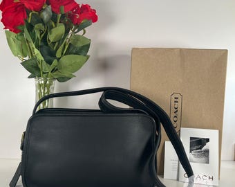 Mini COACH NY Black Leather White Contrast Stitch Square Zip Top