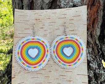 Large White & Rainbow Heart Earrings