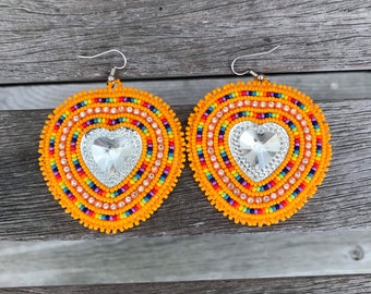 Large Orange & Rainbow Heart Earrings
