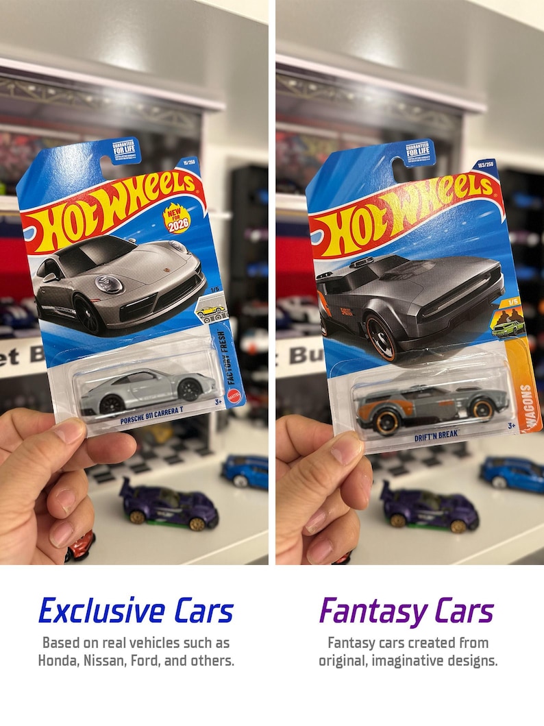 May include: Two Hot Wheels toy cars in their original packaging. One is a silver Porsche 911 Carrera T, and the other is a gray Drift'n Break. The packaging is blue with the Hot Wheels logo and text. The image also includes the text "Exclusive Cars" and "Fantasy Cars".
