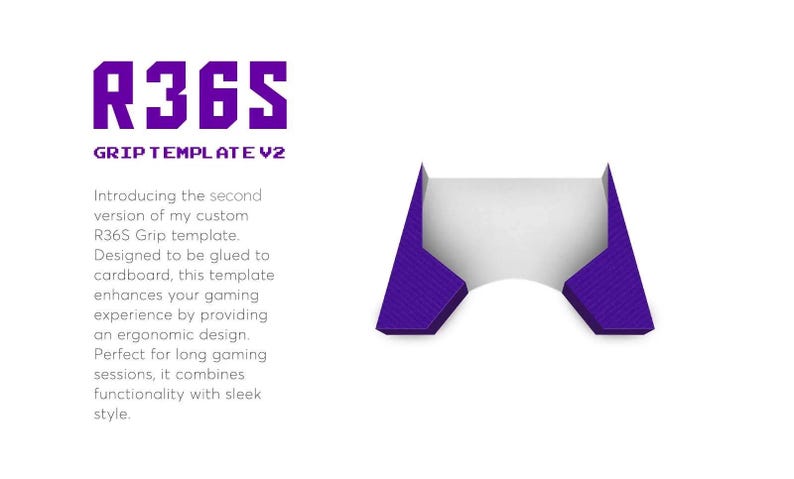 以下が含まれることがあります： ビデオゲームコントローラー用の、紫と白の3Dプリントグリップテンプレート。テンプレートは段ボールに接着するように設計されており、人間工学に基づいたデザインを提供します。画像には「R36S GRIP TEMPLATE V2」というテキストが印刷されています。