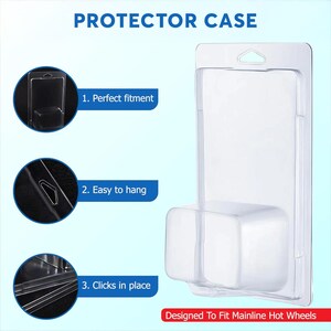 May include: Clear plastic protector case for Hot Wheels. The case features a rectangular design with a hanging hole and a compartment to hold the toy car. Text on the image reads "PROTECTOR CASE" and "Designed To Fit Mainline Hot Wheels."