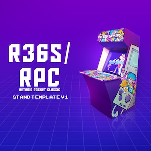 Puede incluir: Una plantilla de soporte de arcade púrpura con el texto "R36S/RPC RETROID POCKET CLASSIC STAND TEMPLATE V1". El soporte presenta un diseño colorido con las palabras "RETRO GAMING" y un gráfico de controlador.