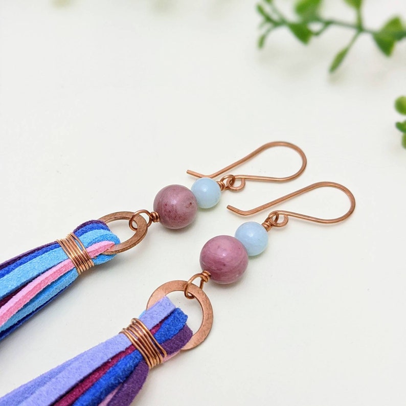 Colorful Gemstone /& Suede Tassel Earrings