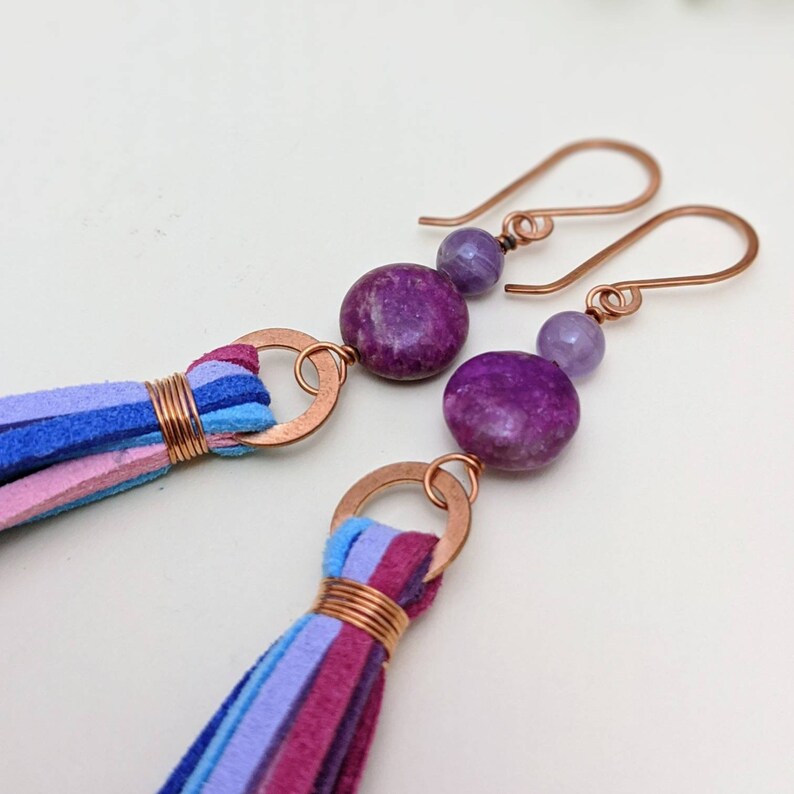 Colorful Gemstone /& Suede Tassel Earrings