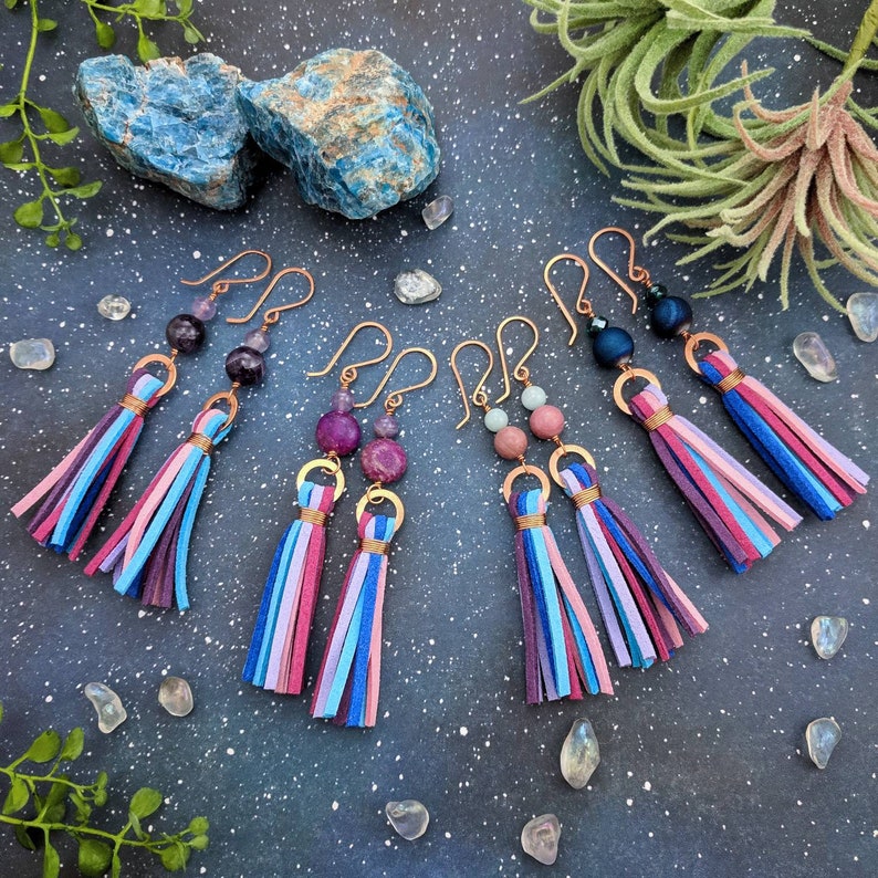 Colorful Gemstone /& Suede Tassel Earrings