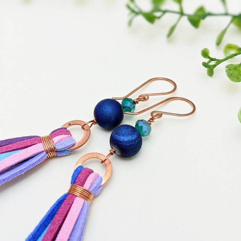 Colorful Gemstone /& Suede Tassel Earrings