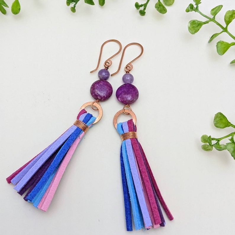 Colorful Gemstone /& Suede Tassel Earrings