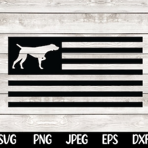 May include: Black and white silhouette of a dog pointing, superimposed on an American flag with red and white stripes and blue stars.