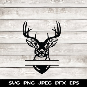 May include: Black silhouette of a deer head with large antlers. A blank space is below the deer head for adding a name.