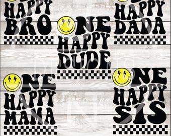 Un tipo feliz PNG SVG, primer cumpleaños familiar SVG, texto retro ondulado, diseño de sublimación de cara feliz, archivos de corte para Cricut/Silhouette