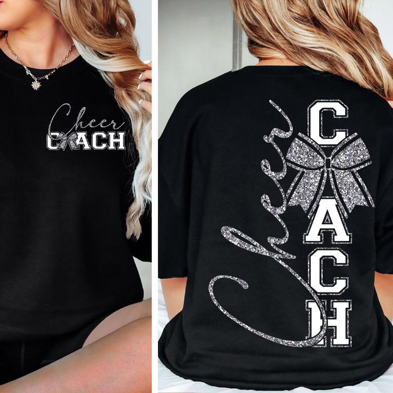 May include: Black sweatshirt with the text "Cheer Coach" in white and silver glitter. The front design features the text and a bow. The back of the shirt has the word "Cheer" in cursive and the word "Coach" in block letters with a bow.