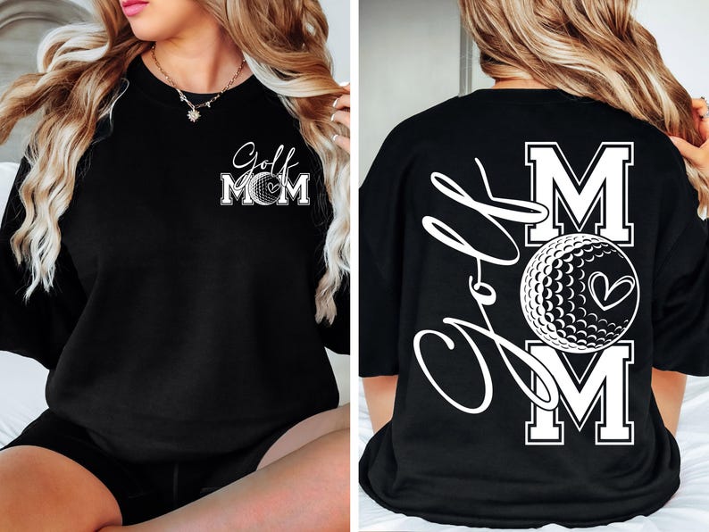 Może przedstawiać: Czarny T-shirt z białym nadrukiem graficznym, na kt&oacute;rym widnieje napis "Golf Mom" z piłką golfową i sercem. Z tyłu T-shirt znajduje się większa piłka golfowa i serce z napisem "Golf" napisanym kursywą i "MOM" dużymi literami.