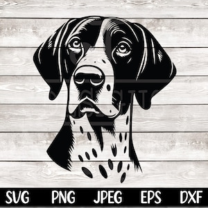 Könnte beinhalten: Schwarz-weiße Silhouette des Kopfes eines Deutsch Kurzhaar Hundes mit einem gefleckten Muster am Hals und der Brust.