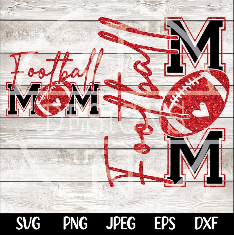 May include: A digital design featuring the words "Football Mom" in red script and block letters. The word "MOM" is in black with a red football graphic. The design includes a red football with a heart.