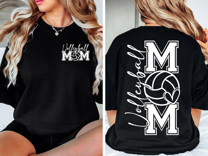 May include: Black t-shirt with white text and a volleyball graphic. The text on the front says "Volleyball Mom" and the text on the back says "Volleyball Mom" with a large "M" and a volleyball graphic.