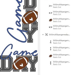 K&ouml;nnte beinhalten: Auf wei&szlig;em Hintergrund steht der Text "Game Day" in einem mehrschichtigen Design. Das Wort "Game" ist in blauer Schrift, und "Day" ist in einer grauen Blockschrift. Ein brauner Football mit wei&szlig;em Herz ist im Design zentriert.
